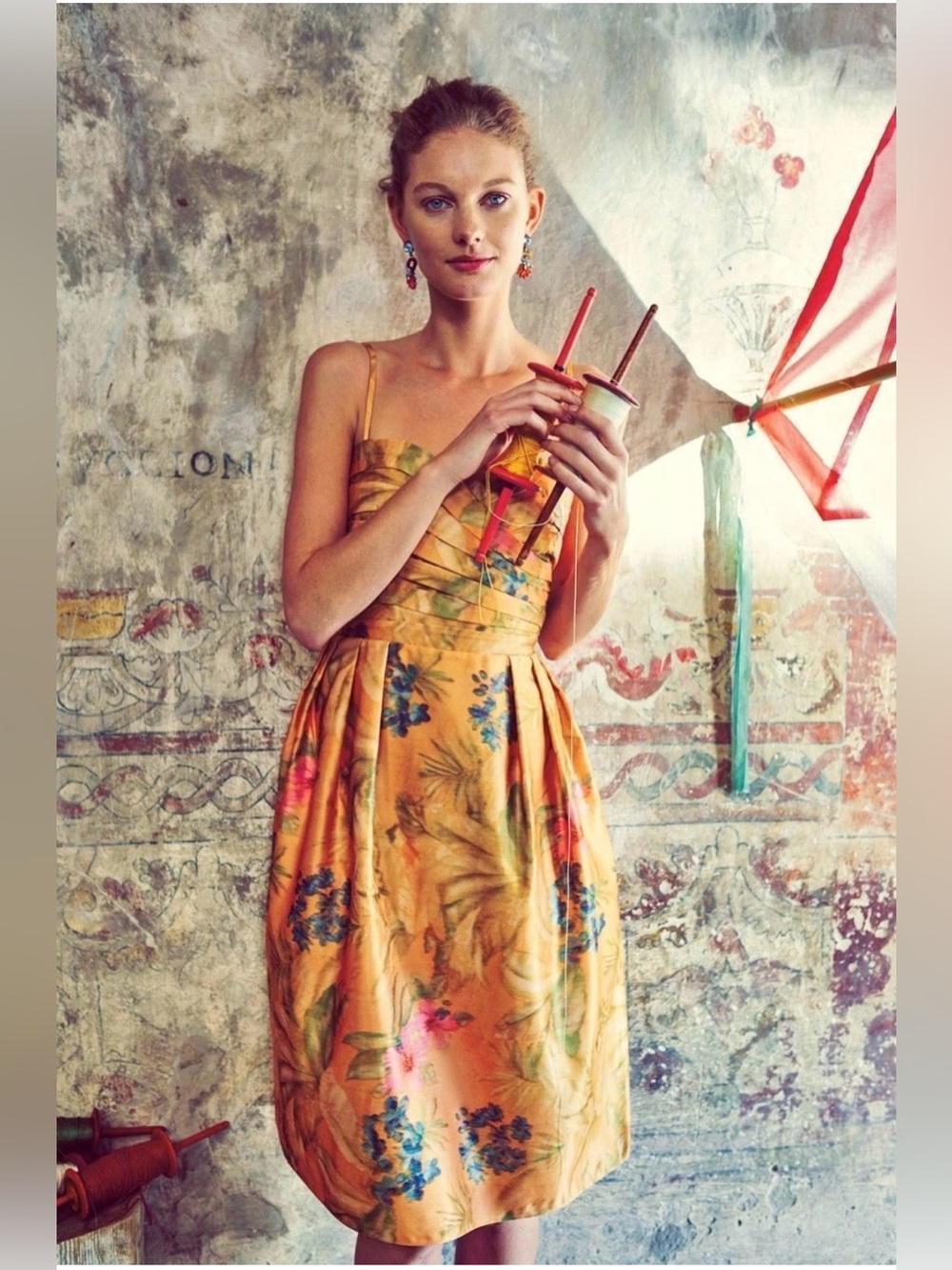 Anthropologie James Coviello Botanica Dress 0 Yellow Orange Floral Jacquard Midi